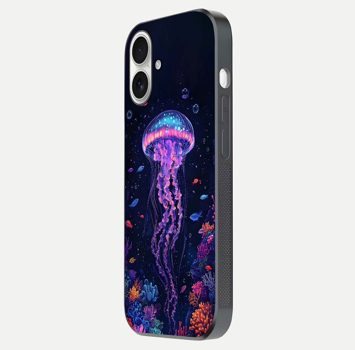 Neon Jellyfish Glass Case for iPhone 17 side-angle image showing reflection and oceanic light detailing