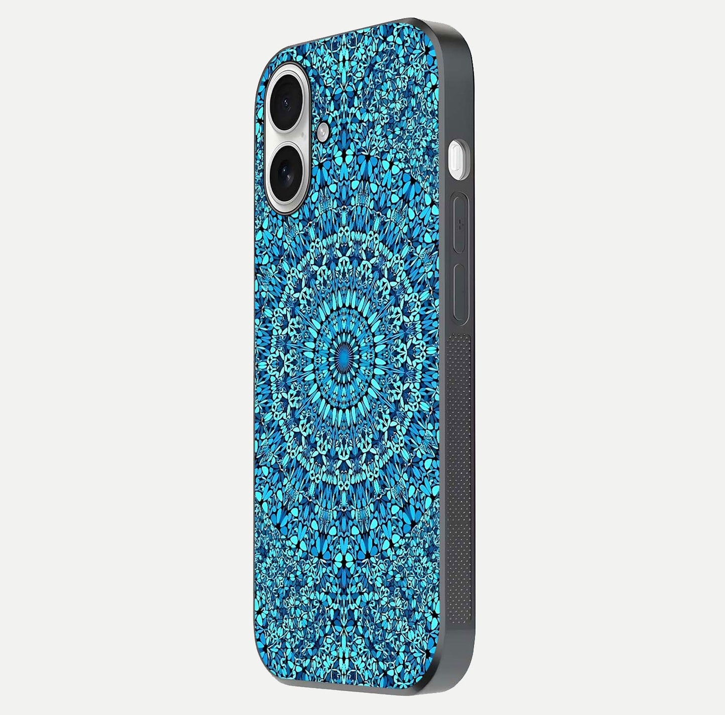 Ocean Bloom Mandala Glass Case for iPhone 17 side-angle image showing reflection and detailed floral pattern