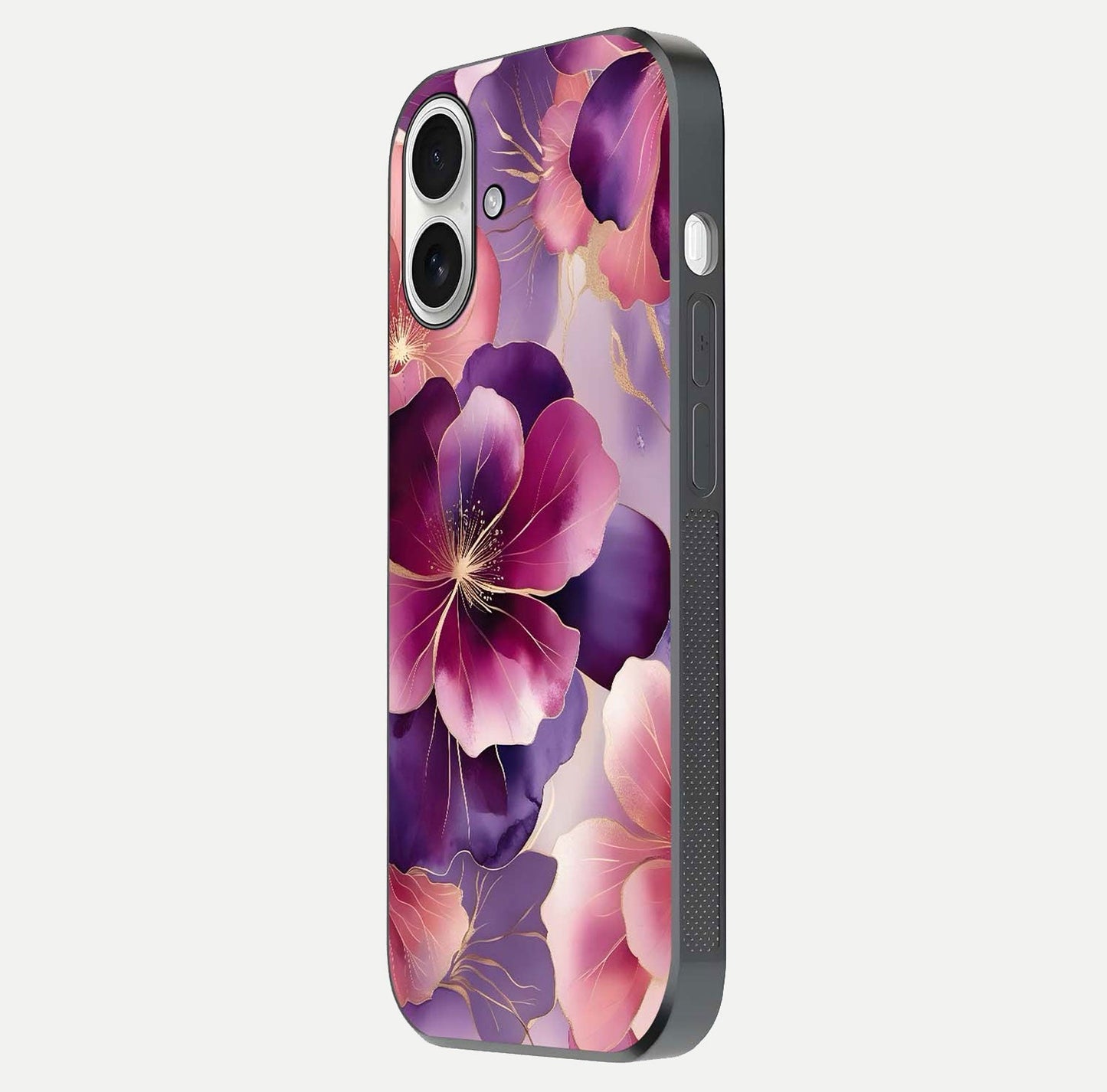 Pink Bouquet Florals Glass Case for iPhone 17 side-angle image showing floral texture and reflection clarity