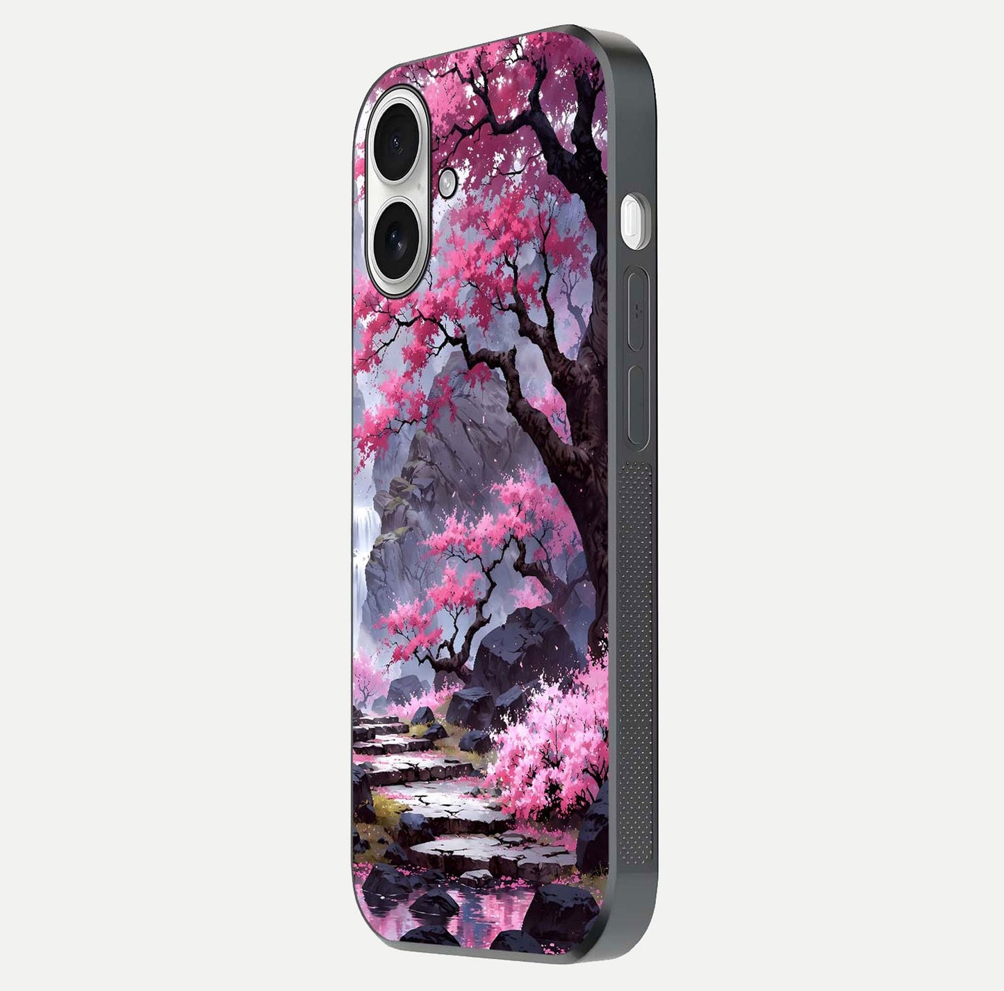Pinkish Scenery Glass Case for iPhone 17 side-angle image showing depth, gloss, and scenic details