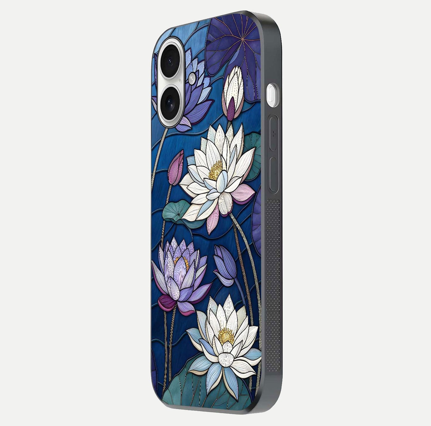 Purple Lotus Stained Glass Case for iPhone 17 side-angle image showing gloss, reflection, and intricate detailing