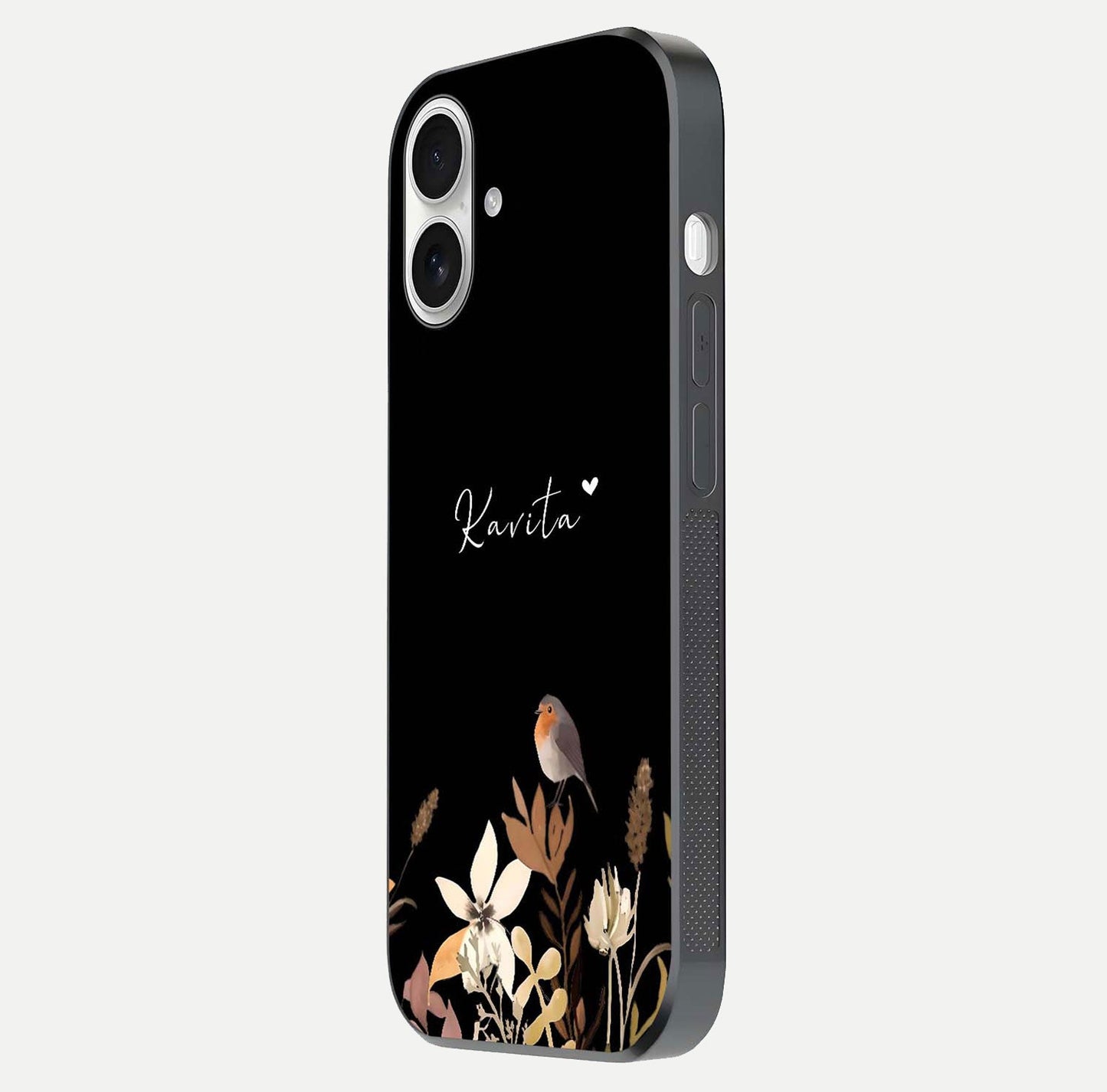 Quiet Garden Tune Custom Name Glass Case for iPhone 17 side-angle image showing reflection and floral design