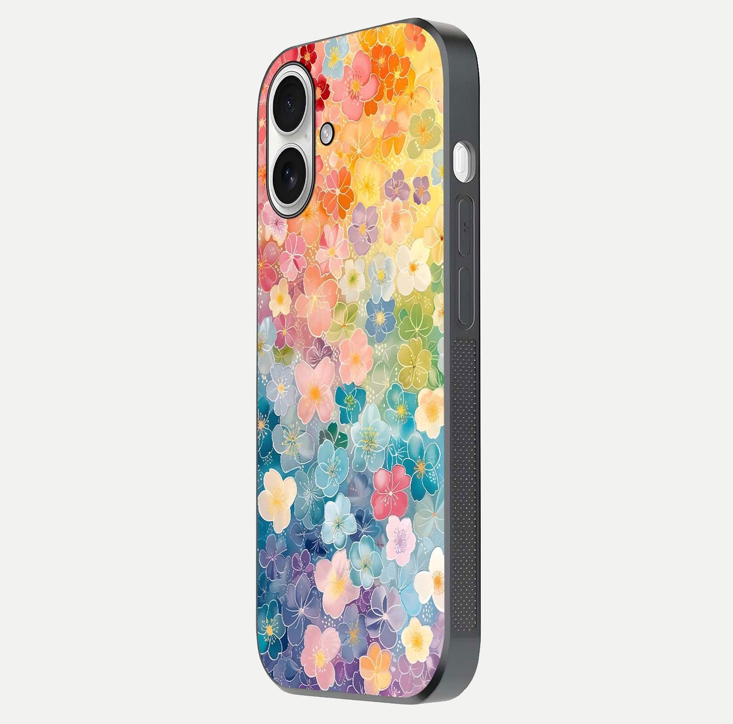 Rainbow Blossom Burst Glass Case for iPhone 17 side-angle image showing reflection and floral burst detail
