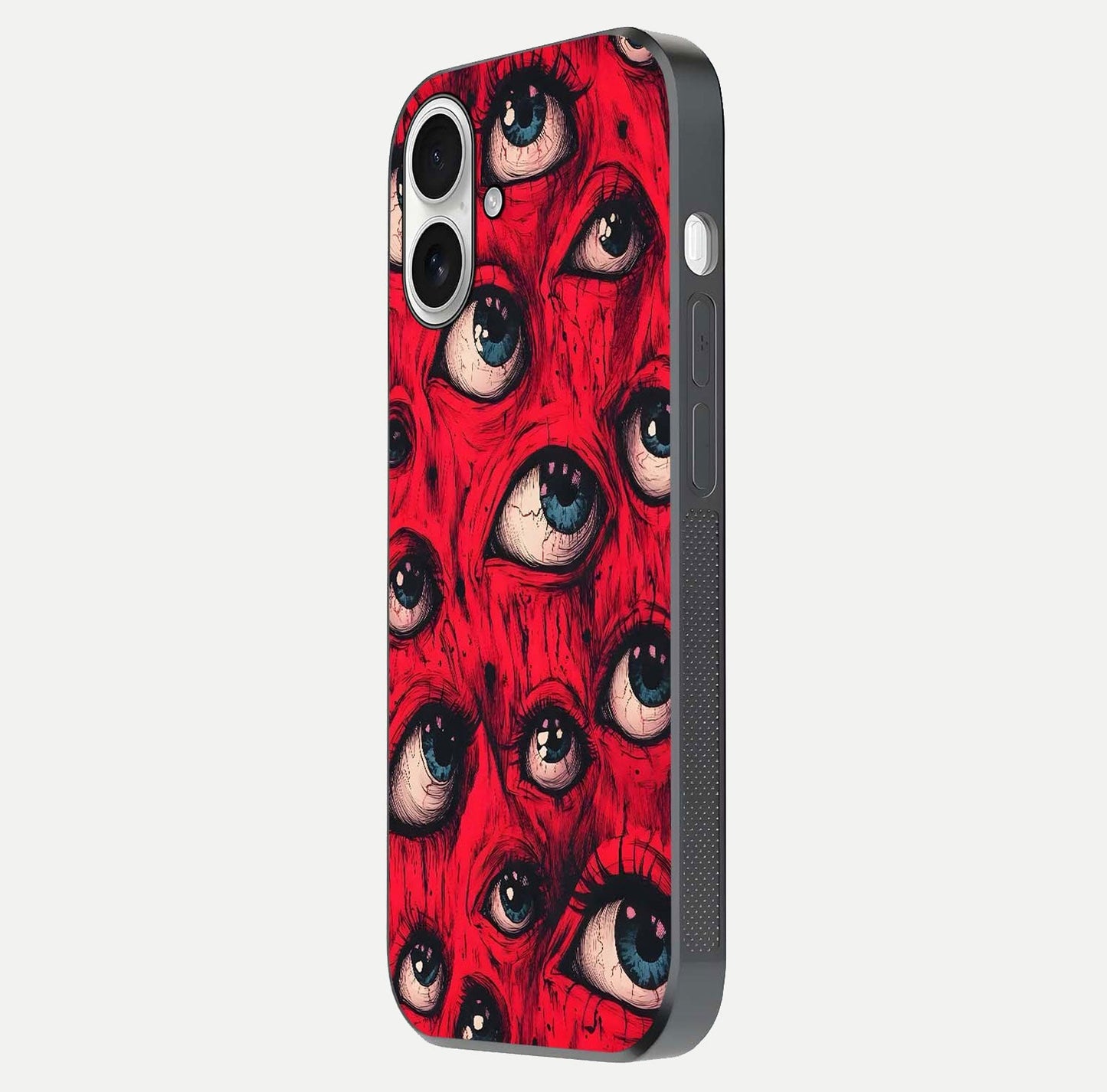 Red Eyes Pattern Glass Case for iPhone 17 side-angle image showing shine, detail, and red tone clarity