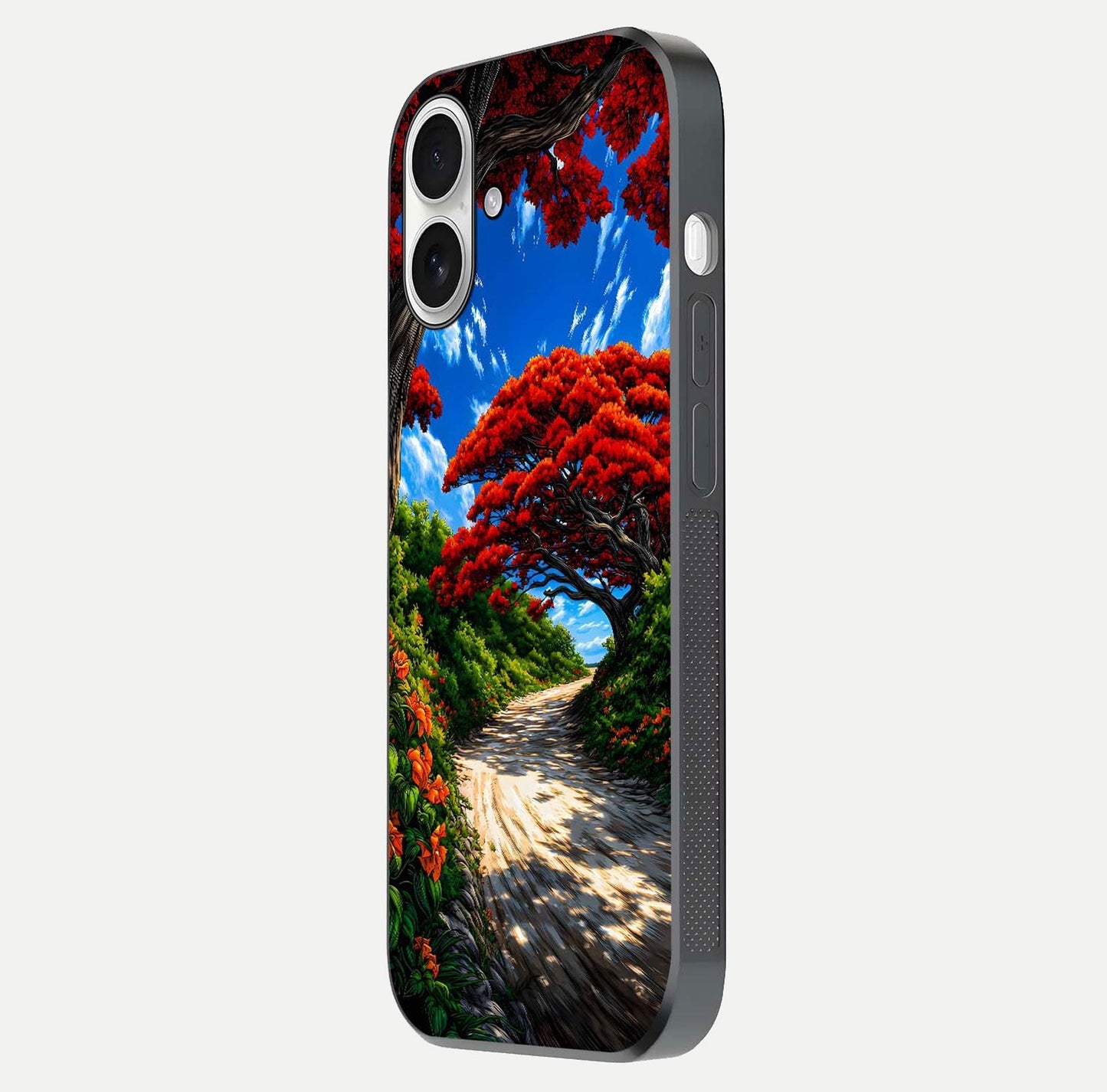 Red Trees Pathway Glass Case for iPhone 17 side-angle image showing reflection and autumn vibe