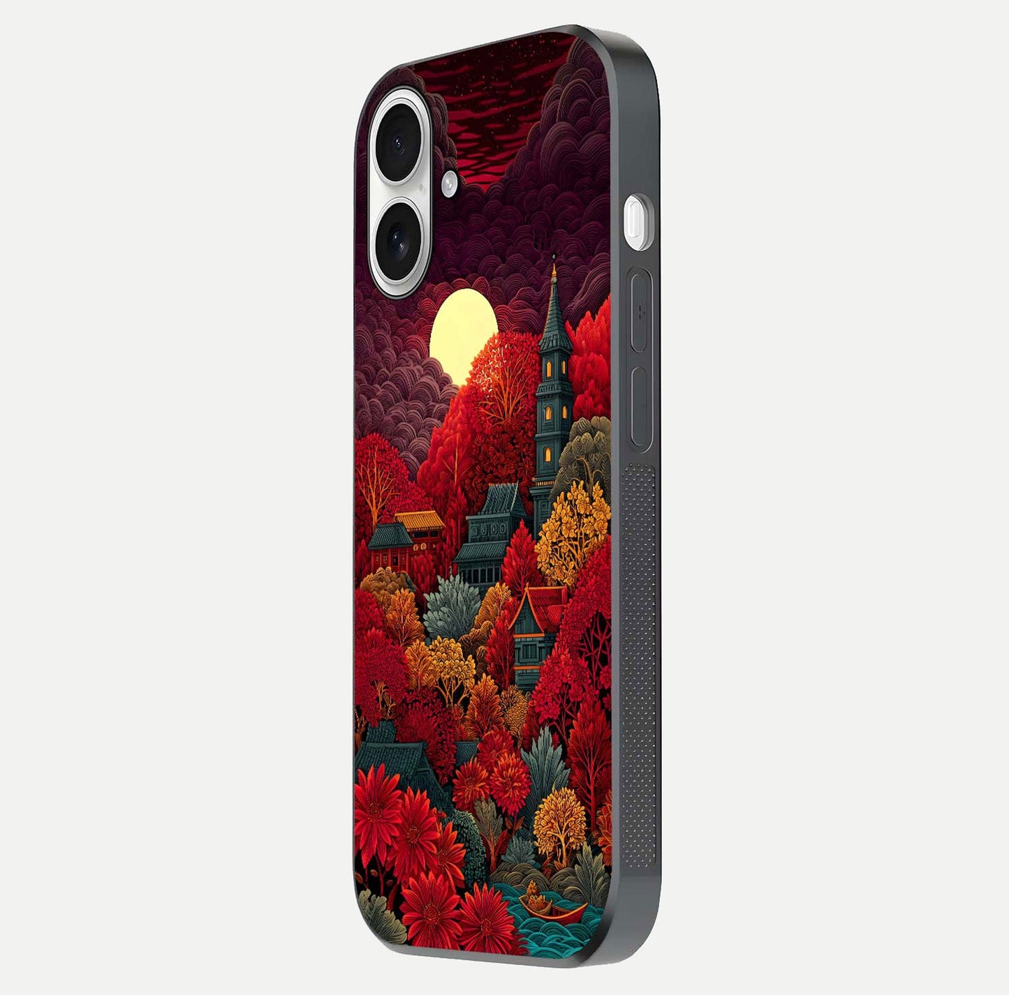 Scarlet Autumn Temple Glass Case for iPhone 17 side-angle image showing color depth and reflection clarity