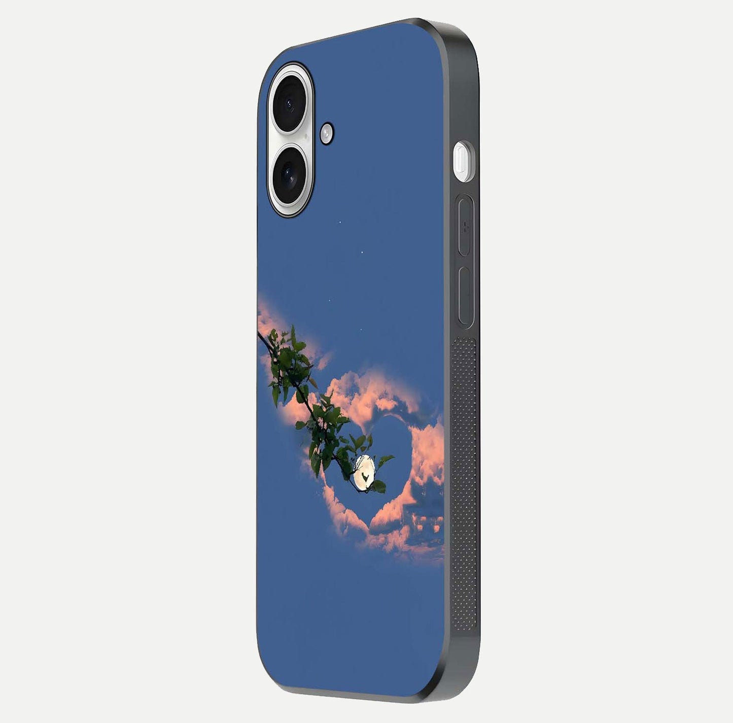 Sky Under Tree Glass Case for iPhone 17 side-angle image showing shine, edge texture, and scenic detail