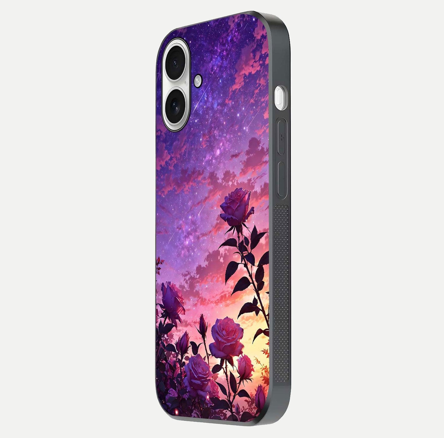 Starlit Rose Twilight Glass Case for iPhone 17 side-angle image showing reflection and petal contrast