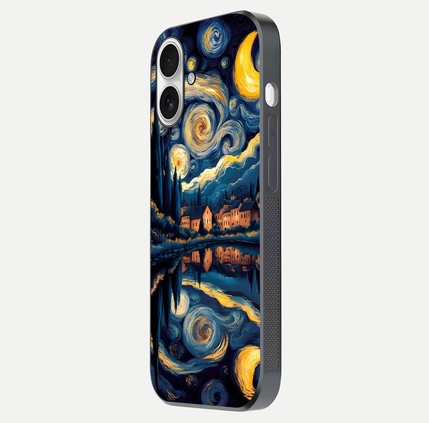 Starry Sky Serenity Glass Case for iPhone 17 side-angle image showing reflection and night-sky detail