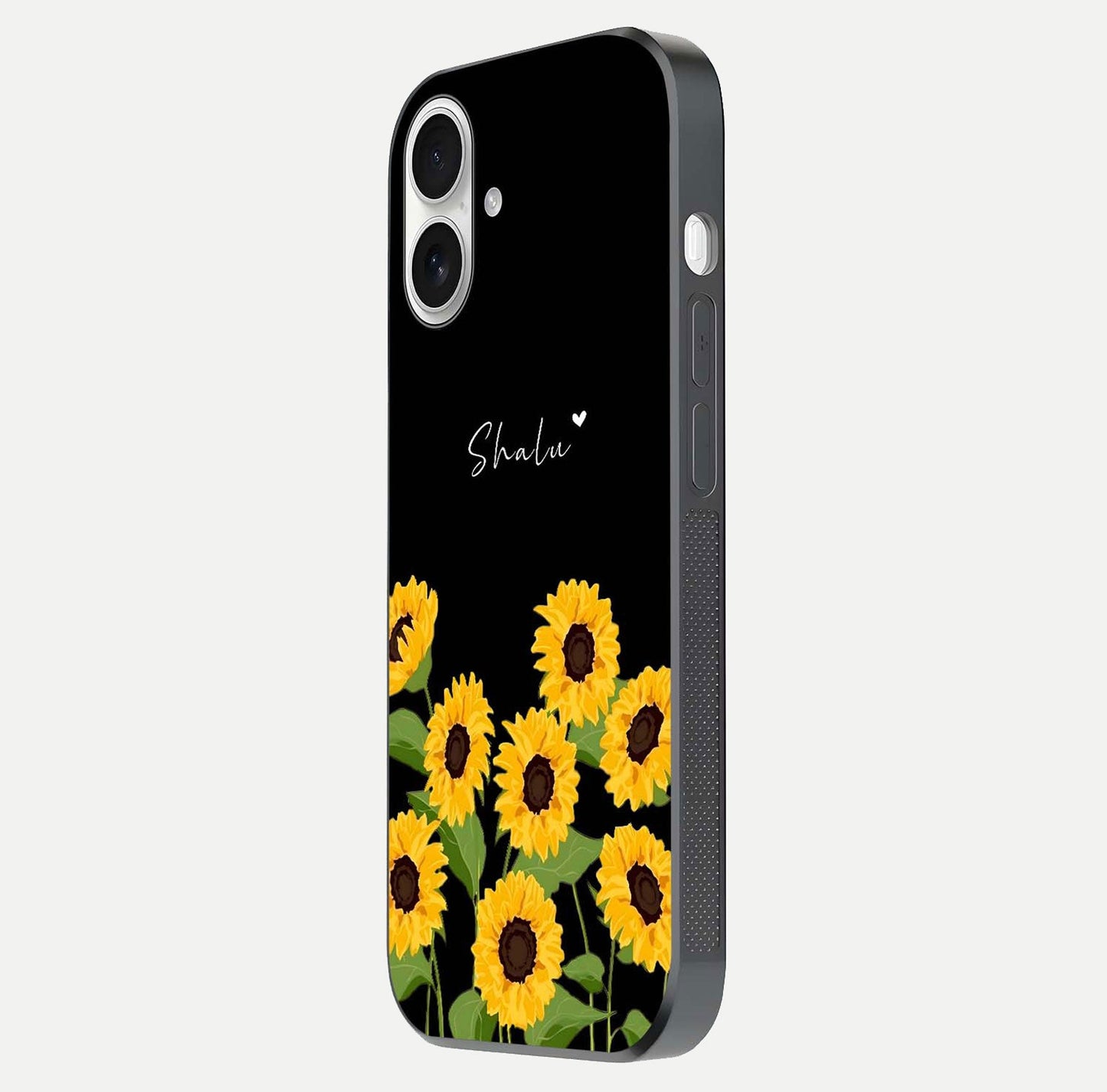 Sunflower Chic Mood Custom Name Glass Case for iPhone 17 side-angle image showing reflection and yellow floral tone