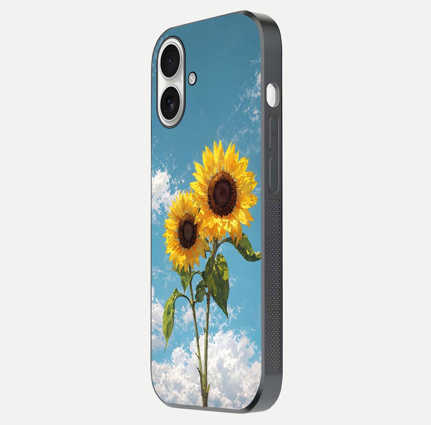 Sunflower Sky Bloom Glass Case for iPhone 17 side-angle image showing reflection, edges, and sunflower color