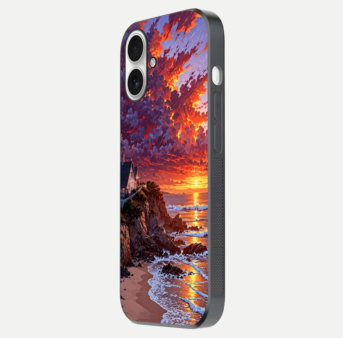 Sunset House by Sea Glass Case for iPhone 17 side-angle image showing reflection and seaside color tone