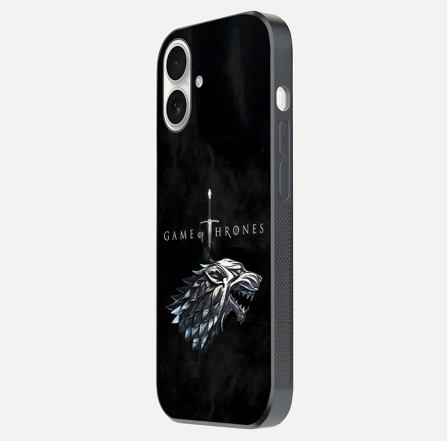 Throne Wolf Legacy Glass Case for iPhone 17 side-angle image showing gloss, texture, and HD print