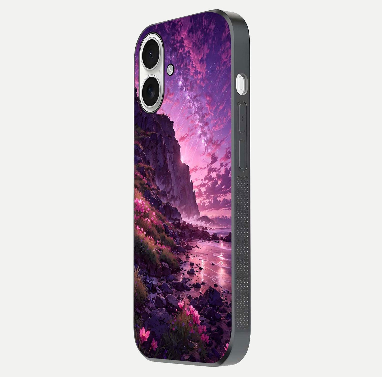 Twilight Blossom Coast Glass Case for iPhone 17 side-angle image showing shine, reflection, and petal tone
