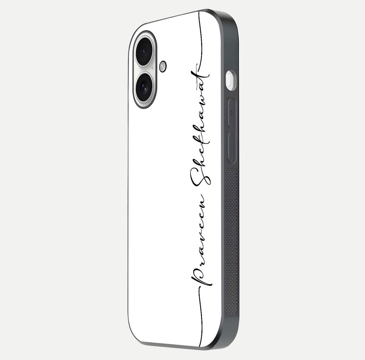 White Tune Custom Name Glass Case for iPhone 17 side-angle image showing shine, gloss, and minimal tone