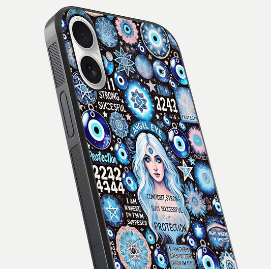 Angel Aura Shield Glass Case for iPhone 17 close-up view capturing aura glow, metallic tones, and shine texture