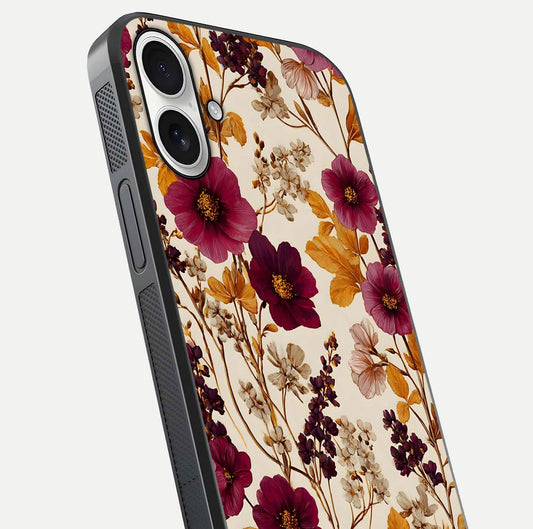 Autumn Wine Bloom Glass Case for iPhone 17 close-up highlighting petal detail and gloss reflection