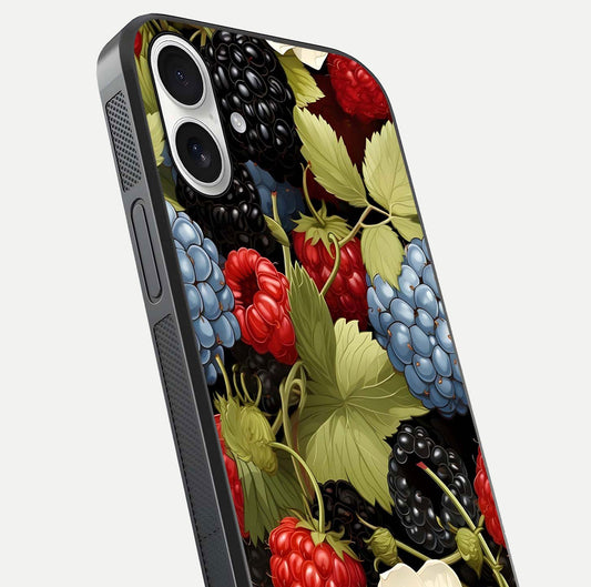 Berry Bloom Charm Glass Case for iPhone 17 close-up view highlighting berry color tones and fine petal detailing