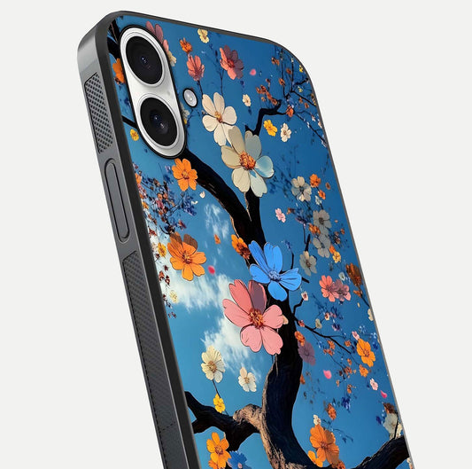 Blossom Dream Sky Glass Case for iPhone 17 close-up shot highlighting dreamlike clouds and pink blossoms