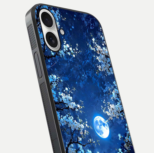 Blossom Moonlight Sky Glass Case for iPhone 17 close-up angle capturing moon glow and flower detail reflections