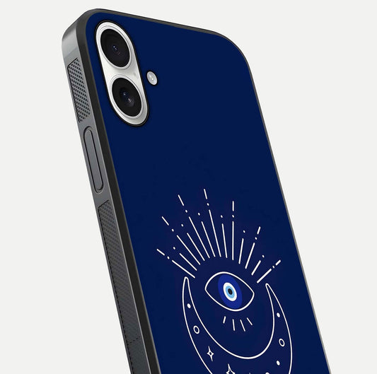 Blue Evil Eye Glass Case for iPhone 17 close-up shot highlighting eye motif, protection symbol, and glass shine