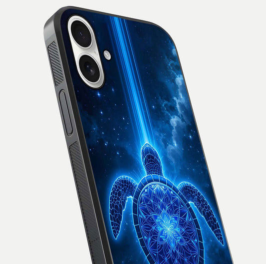 Blue Galaxy Turtle Glass Case for iPhone 17 close-up image showing turtle shell detail and glowing galaxy tones
