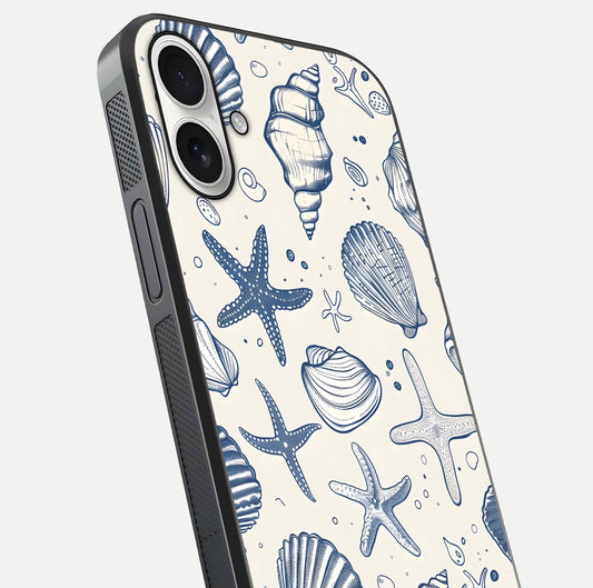 Blue Ocean Outline Glass Case for iPhone 17 close-up shot highlighting line art details and reflection texture