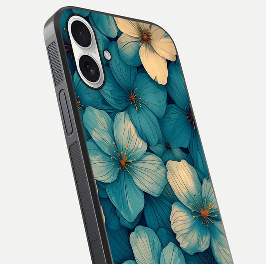 Blue Shade Floral Glass Case for iPhone 17 close-up angle showing flower print precision and reflection