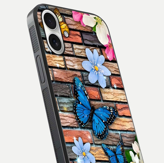 Brick Bloom Flight Glass Case for iPhone 17 close-up angle highlighting flower clusters and reflection detail