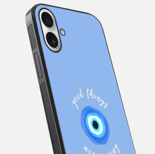 Bright Future Ahead Glass Case for iPhone 17 close-up image highlighting bold quote text and HD reflection