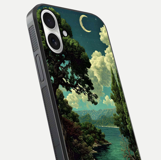 Celestial Lake Peace Glass Case for iPhone 17 close-up highlighting moon reflection and glossy texture