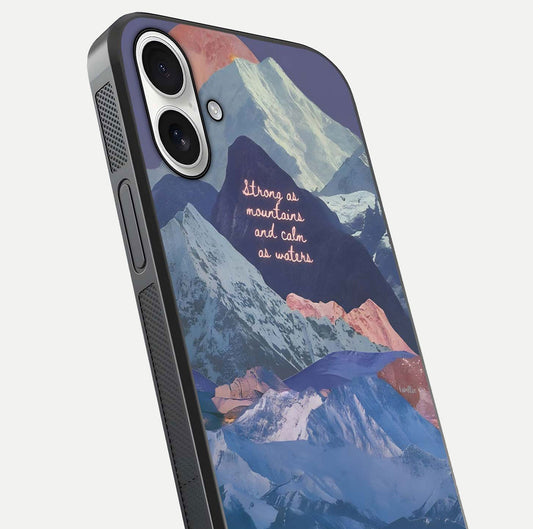 Celestial Mountain Calm Glass Case for iPhone 17 close-up showing peak reflection and HD gloss texture