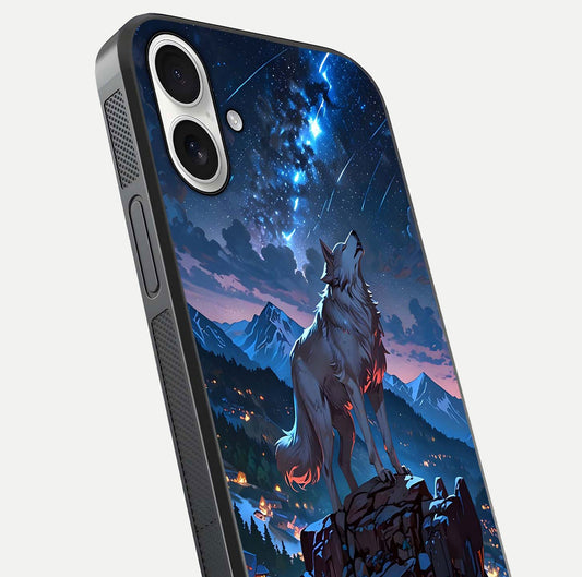 Celestial Wolf Howl Glass Case for iPhone 17 close-up showing wolf silhouette and glowing moon reflection