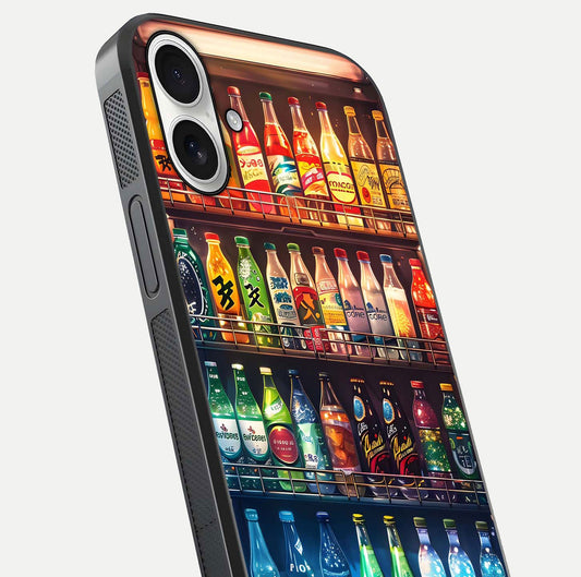 Colorful Soda Bottles Glass Case for iPhone 17 close-up showing colorful bottles and HD reflection