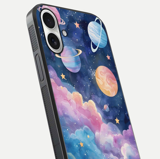 Cosmic Planet Dreams Glass Case for iPhone 17 close-up highlighting planetary details and reflection glow