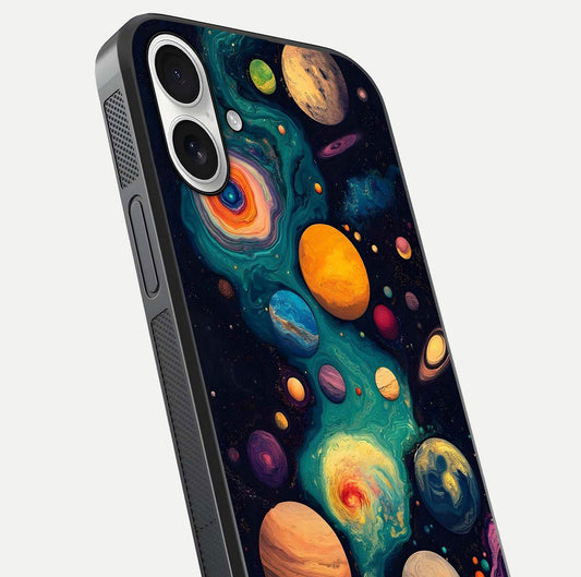 Cosmic Planet Journey Glass Case for iPhone 17 close-up highlighting planets, stars, and shine reflection