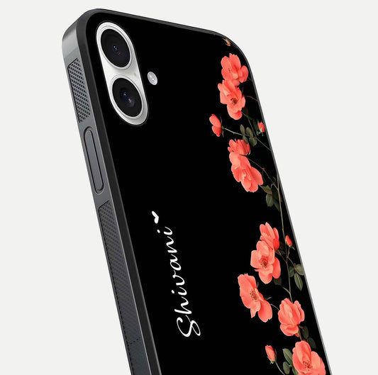 Crimson Bloom Grace Custom Name Glass Case for iPhone 17 close-up highlighting flower pattern and reflection texture