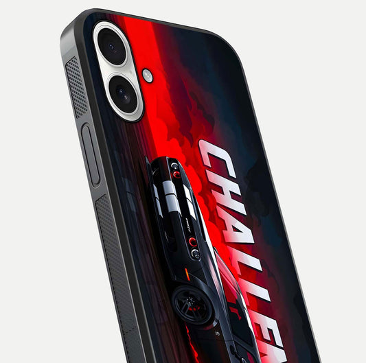Crimson Challenger Fury Glass Case for iPhone 17 close-up highlighting car details and reflection depth