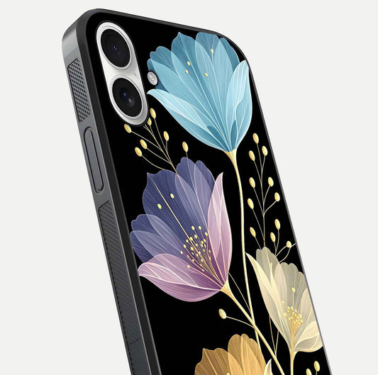 Flower Bloom Glow Glass Case for iPhone 17 close-up highlighting bloom detail and reflection polish