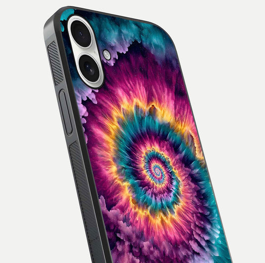 Galactic Spiral Burst Glass Case for iPhone 17 close-up angled shot showing spiral burst detail, neon tones, and glossy reflection