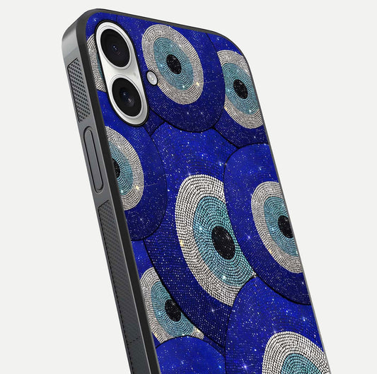 Galaxy Eye Flow Glass Case for iPhone 17 close-up angled shot showing vivid swirl detail and reflection brightness