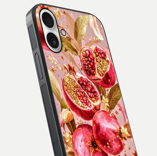 Golden Bloom Glow Glass Case for iPhone 17 close-up angled shot showing metallic tones and reflection brilliance