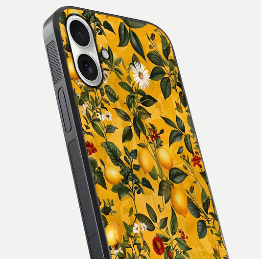 Golden Lemon Field Glass Case for iPhone 17 close-up angled shot showing citrus texture and reflection brilliance