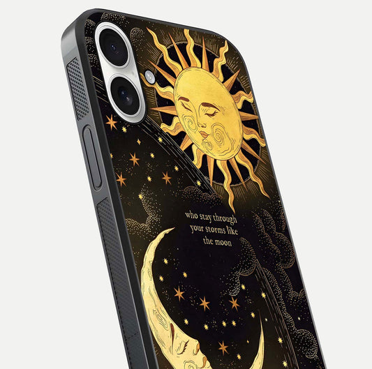 Golden Lunar Love Glass Case for iPhone 17 close-up angled shot showing moon glow, texture, and reflection polish
