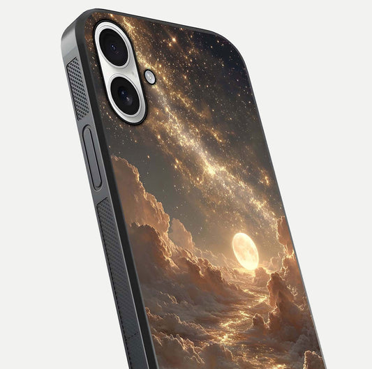 Golden Sky Dream Glass Case for iPhone 17 close-up angled shot showing gradient tones and reflection polish