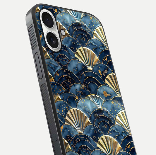 Golden Wave Luxe Glass Case for iPhone 17 close-up angled shot showing flowing wave texture and reflection brightness