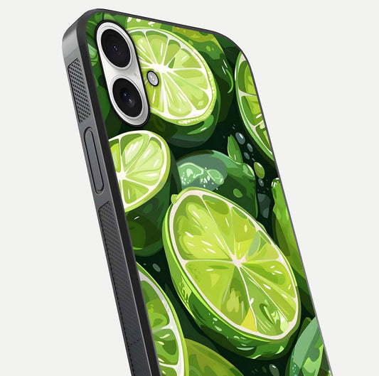 Green Lemon Glass Case for iPhone 17 close-up angled shot showing lemon slice texture and reflection brightness