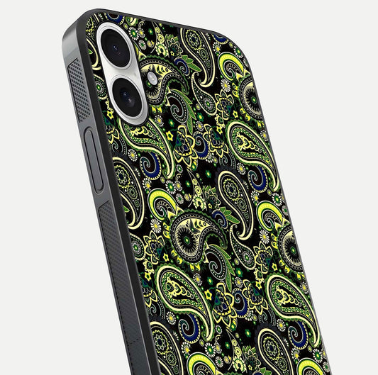 Green Mandala Pattern Glass Case for iPhone 17 close-up angled shot showing fine detailing and gold-green reflection