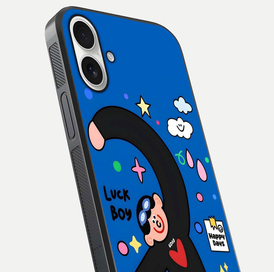 Happy Luck Vibe Glass Case for iPhone 17 close-up angled shot showing color details and reflection shine