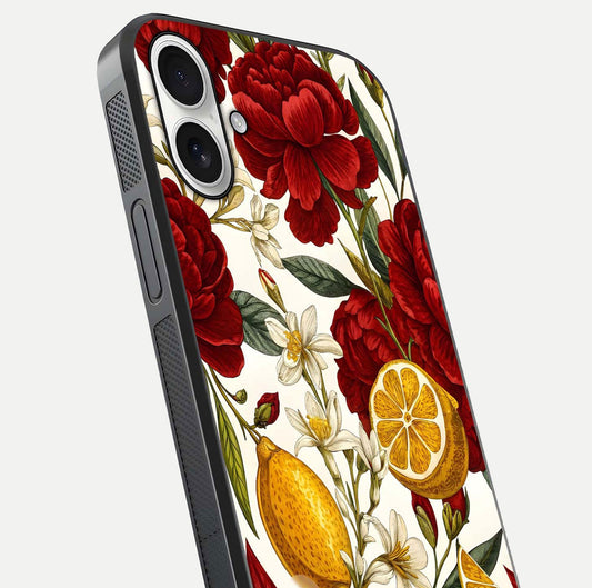 Lemon Rose Charm Glass Case for iPhone 17 angled close-up showing vivid rose details and HD glass reflection